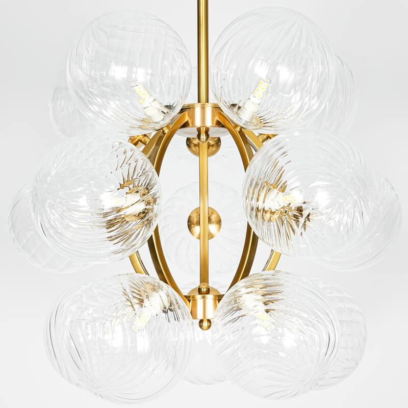 15-Light Brushed Gold Modern Luxury Twisted Glass Globe Iron Chandelier with Adjustable Rod for Living & Dining Rooms