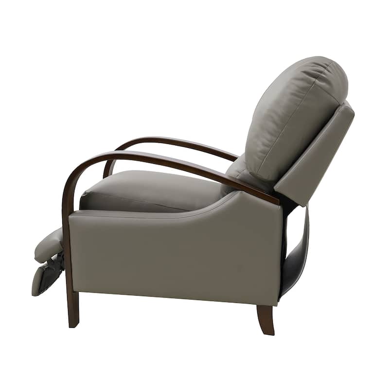 Alex Mid-century Modern Genuine Leather Manual Recliner with Wooden Curved Arms