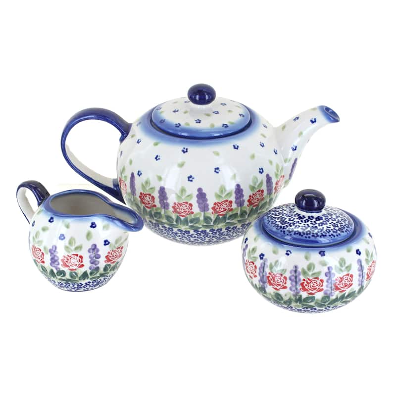 Blue Rose Polish Pottery 1700 WR Unikat 3 Piece Tea Set - Roses are Red