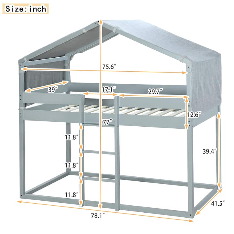 Twin Over Twin Bunk Bed with Tent, Floor Bunk Bed Frame, Kids Playhouse