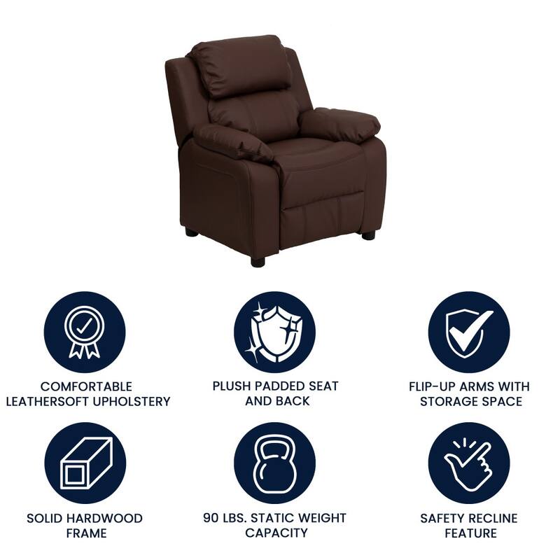 Deluxe Padded Contemporary Kids Recliner with Storage Arms