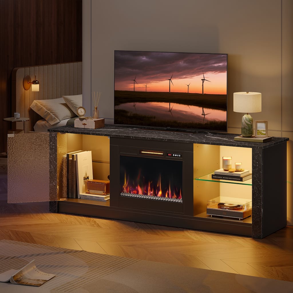 Bestier Fireplace TV Stand with 23" Electric Fireplace for TVs Up to 70 inch, LED Entertainment Center with Adjustable Shelf