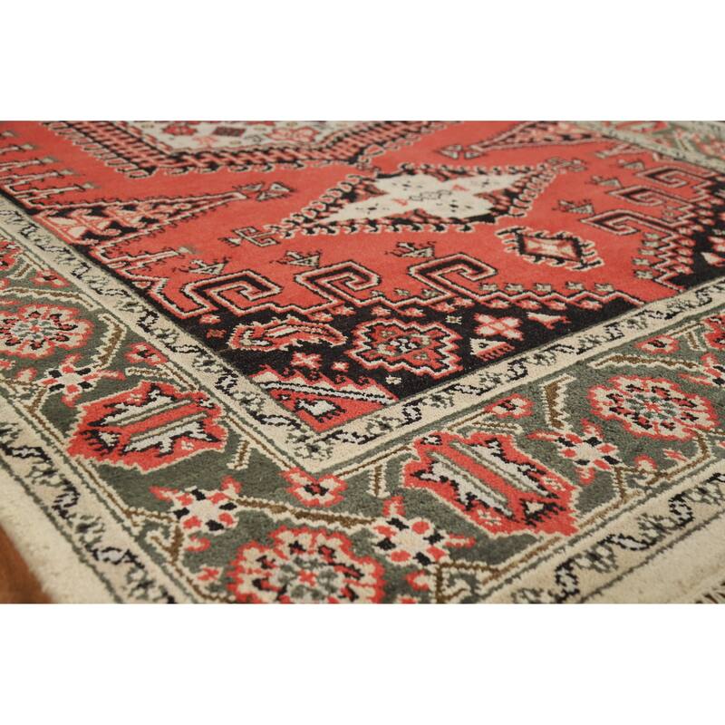 Geometric Viss Indian Area Rug Hand-Knotted Orange Wool Carpet - 6'0" x 9'0" - Orange - 6'0" x 9'0"