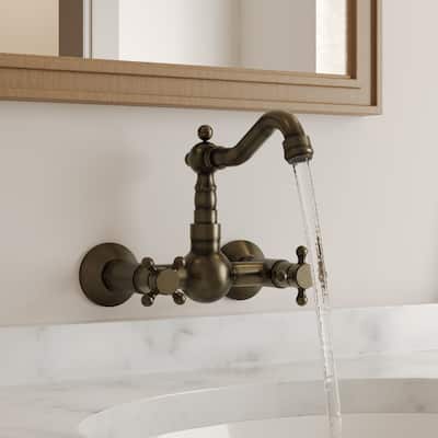 Wall Mounted Vintage Bathroom Sink Faucet, Double Handle Antique Bronze Bathroom Faucet