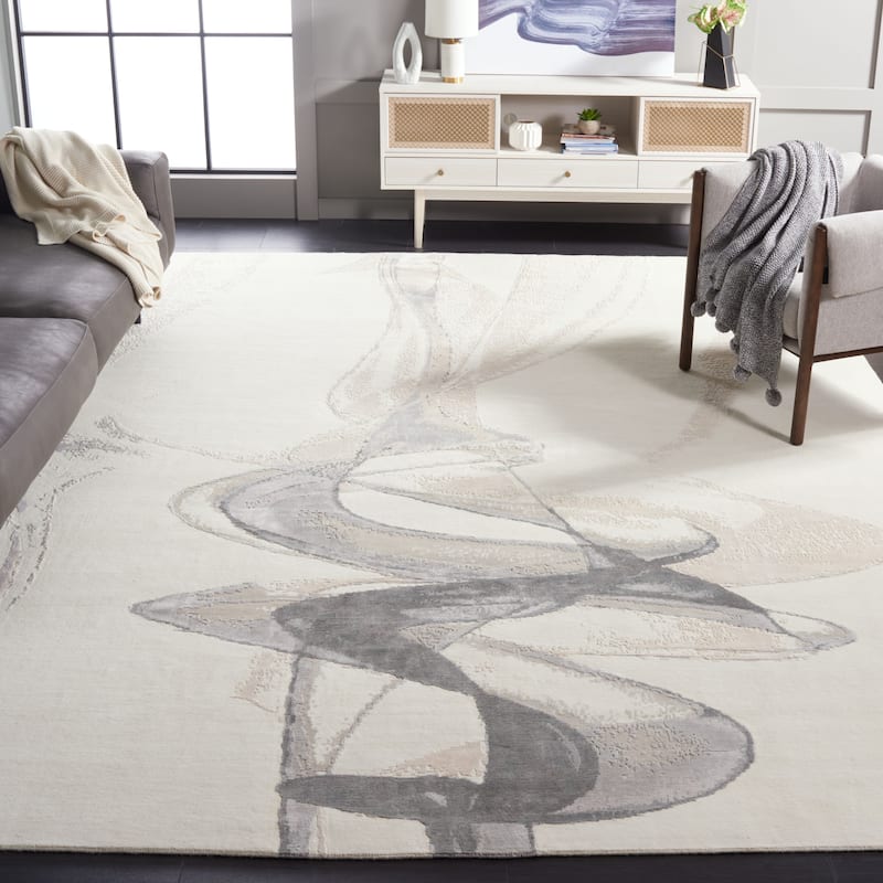 SAFAVIEH Couture Hand-Knotted Centennial Baptistine Modern Silk Rug - 9' x 12' - Grey/Ivory