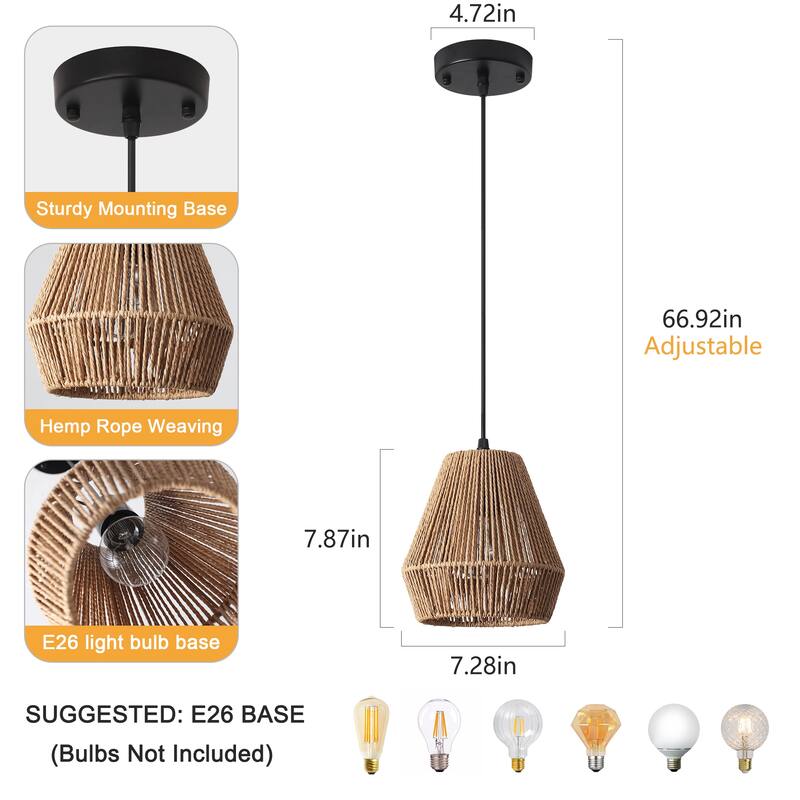 (Set of 3)1-Light Paper Rope Shaded Pendant Lights for Kitchen ，Set of Lghting Fixtures, Farmhouse Semi Flush Mount Chandelier