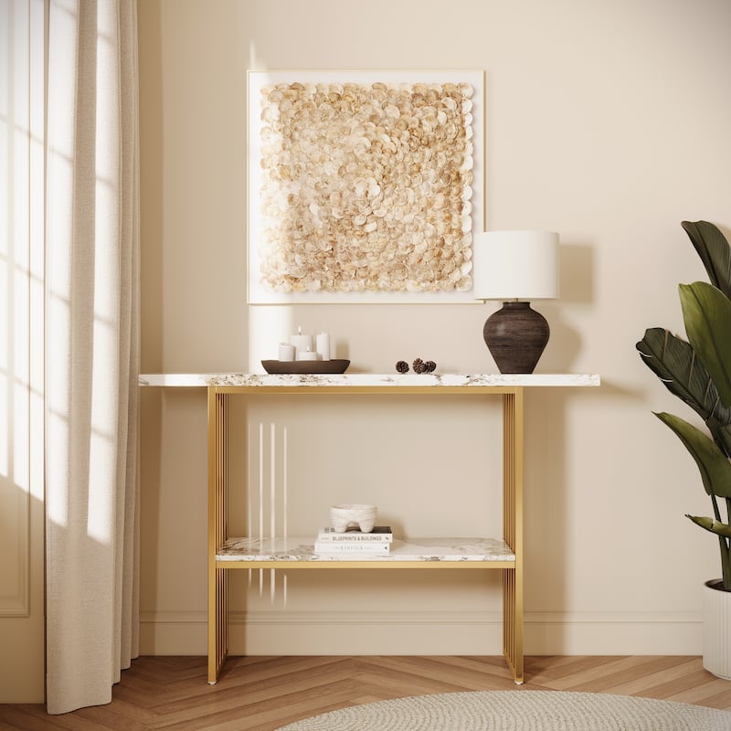 Modern Luxury Gold Metal Frame Console Table, Chic Entryway Table with Storage Shelf for Living Room Decor