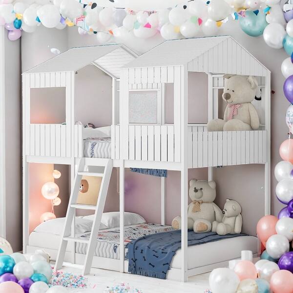 slide 2 of 18, Full Over Full Bunk Bed With Roof,Window,Guardrail And Ladder for Home White