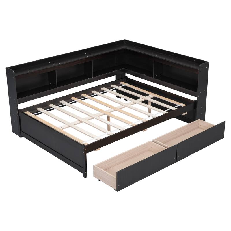 Full Bed with L-Shaped Bookcase and Storage Drawers, Space-Saving Design
