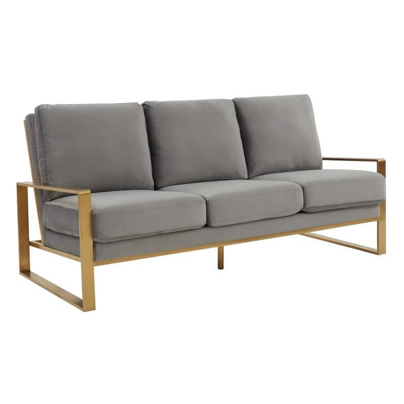 Jefferson Velvet Upholstered 3 Seater Sofa with Brushed Gold Stainless Steel Base and Removable Cushions - 77.1 - Light Grey