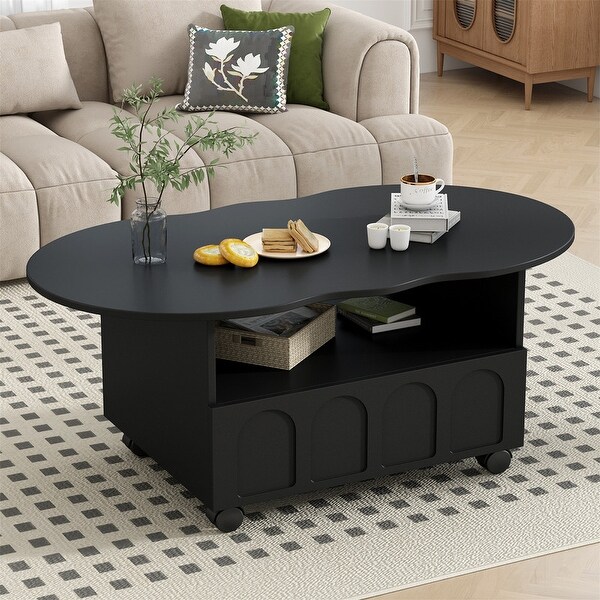 Mobile Coffee Table with 2 Brake Wheels, Modern Center Table with