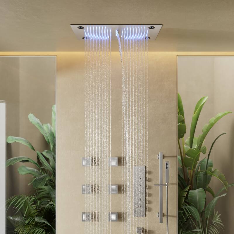 Thermostatic Shower System, 64-Color LED Mood Lighting 3-Functions Shower Head with Bluetooth Music & 6 Body Jets