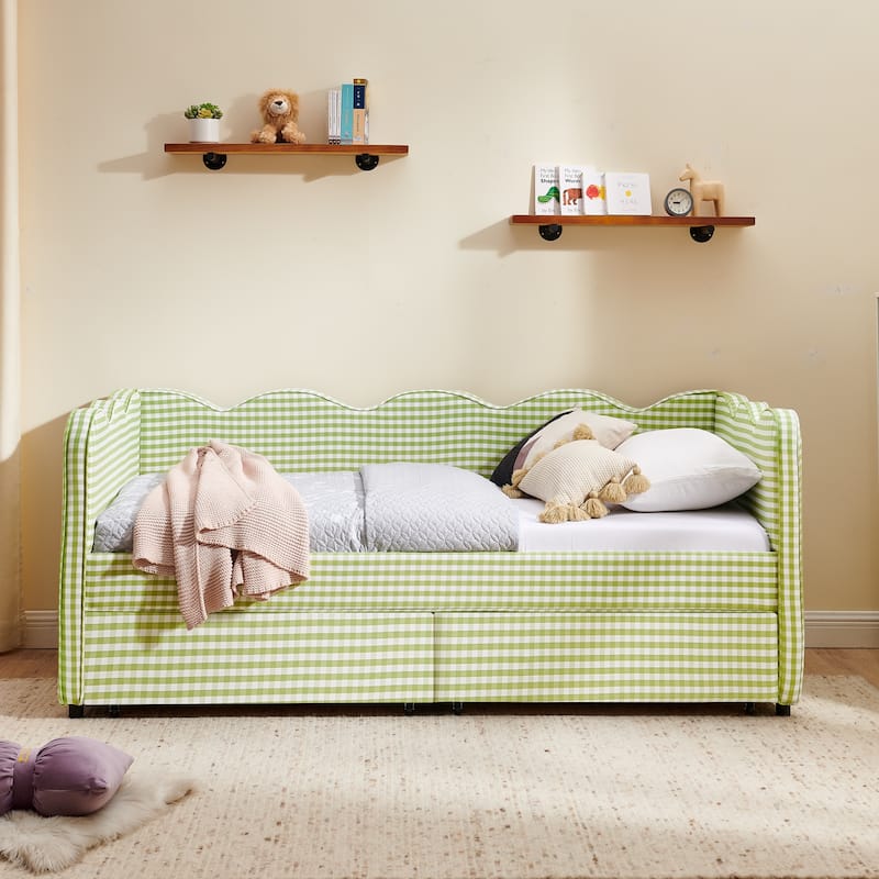 Twin Size Gingham Linen Upholstered Daybed with 2 Storage Drawers, USB Charging Station & Waved Arms