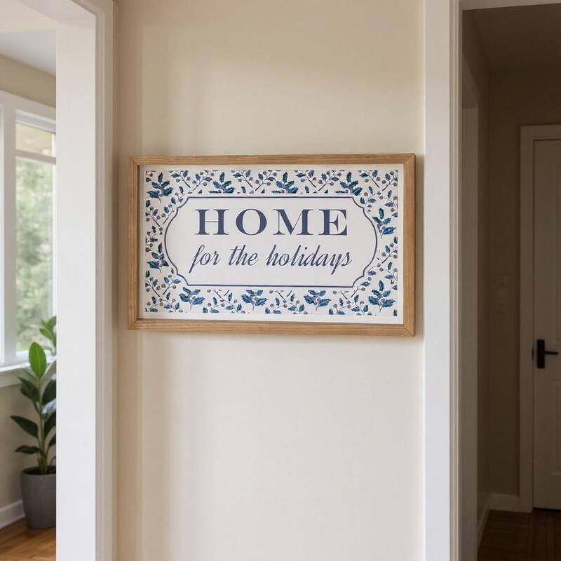 HomeRoots 10" X 19" Blue And White Home For The Holidays Wood Framed Art - White/Blue - 18.75 in. x 10.00 in.  x 1.00 in.