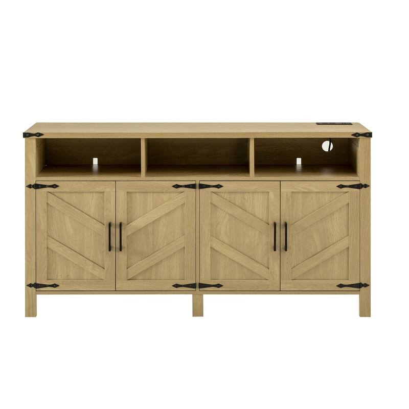 Modern 4-Door Sideboard Buffet with Power Outlets Adjustable Shelves and Half-Open Storage Design