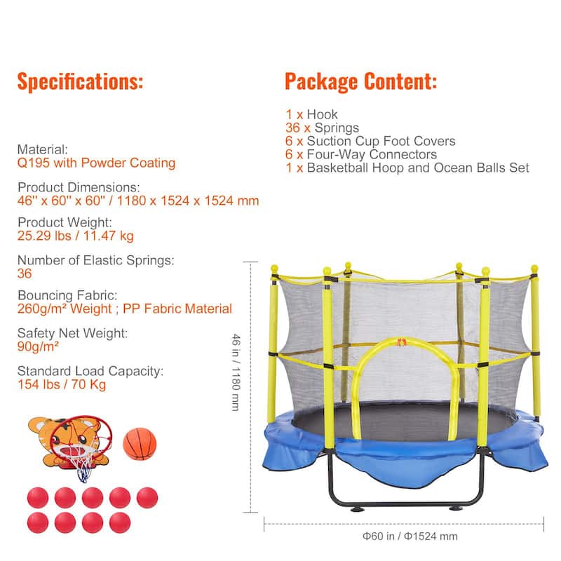 5FT Kids Trampoline with Safety Net and Basketball Hoop for Indoor Outdoor