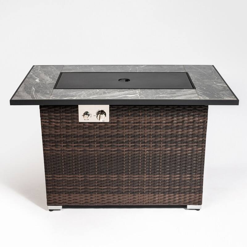 44" Propane Gas Fire Pit Table, 50000 BTU Rectangular Fire Pit, Tile Tabletop with Beautiful Wicker Base
