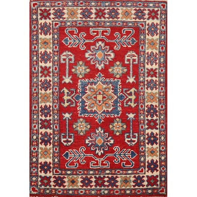 Red Geometric Kazak Oriental Accent Rug Handmade Wool Carpet - 2'0"x 3'0"