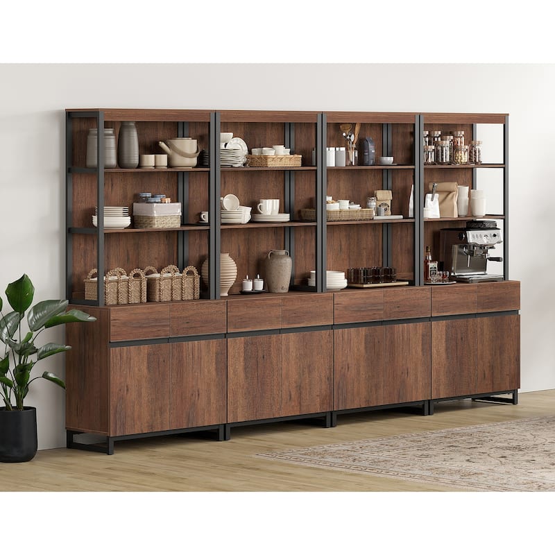WAMPAT Modern TV Stand with 3 Tiers Bookshelf, Farmhouse Entertainment Center with 4 Large Storage Cabinets and Adjustable Shelf