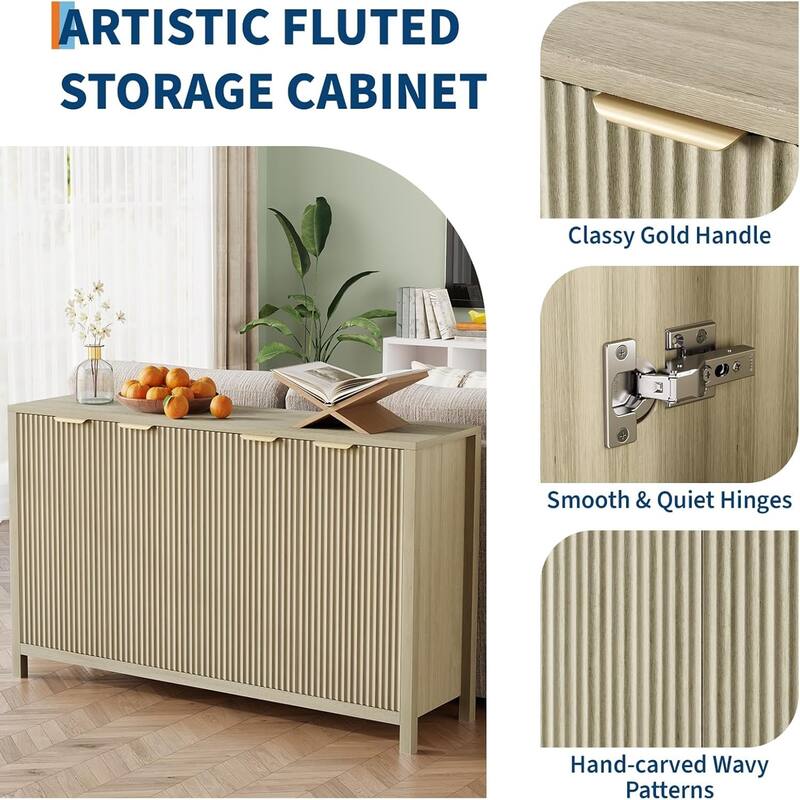Modern Large Fluted Sideboard Buffet Cabinet , 4 Doors & Adjustable Shelves, 55" Wood Accent Cabinet