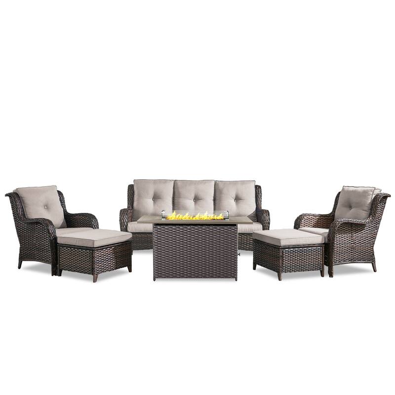 Fire Pit Table with Patio Sofa Chairs and Ottomans