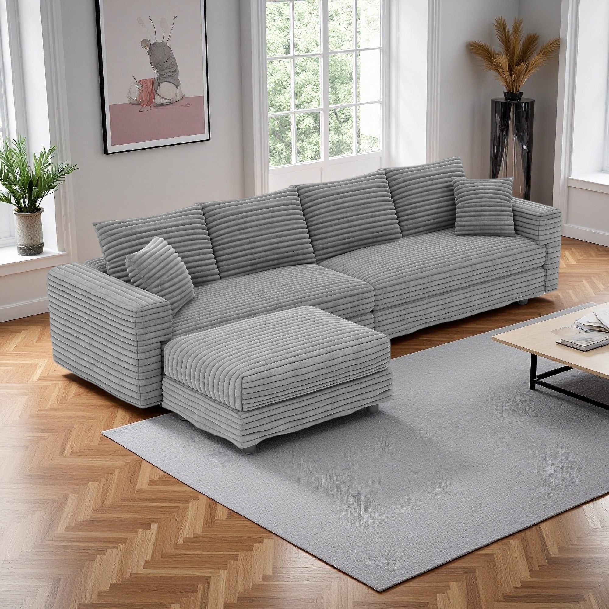 102.4'' Plush Corduroy Modular Sectional Sofa with Convertible Ottoman and Soft Pillows (4-Seater)