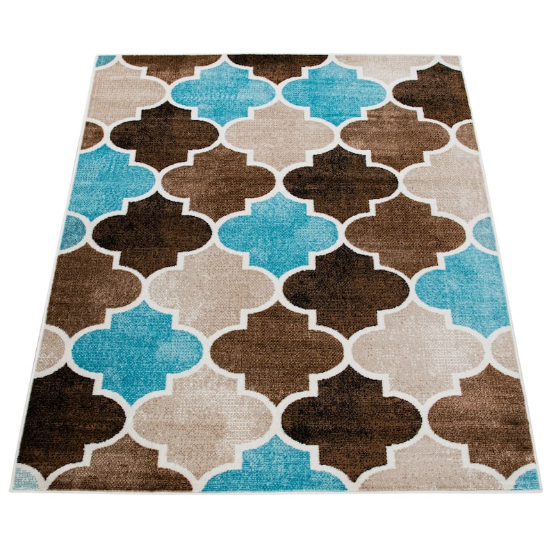 Brown Blue Area Rug with Modern Moroccan Pattern for Living Room