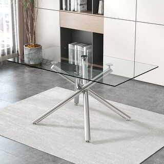 63 Inch Rectangular Glass Dining Table with Silver Legs, Seats 4-6 ...