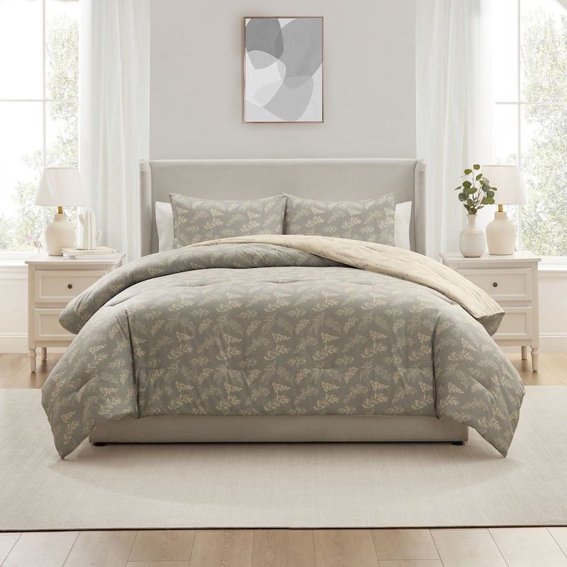 Empyrean 3PC Reversible Botanical Printed Comforter Bedding Set - Lunar Grey - King