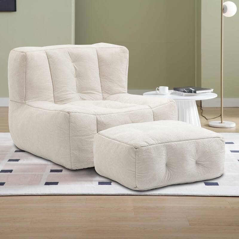 Velvet Upholstered Bean Bag Chair Lazy Chair with an Ottoman - White