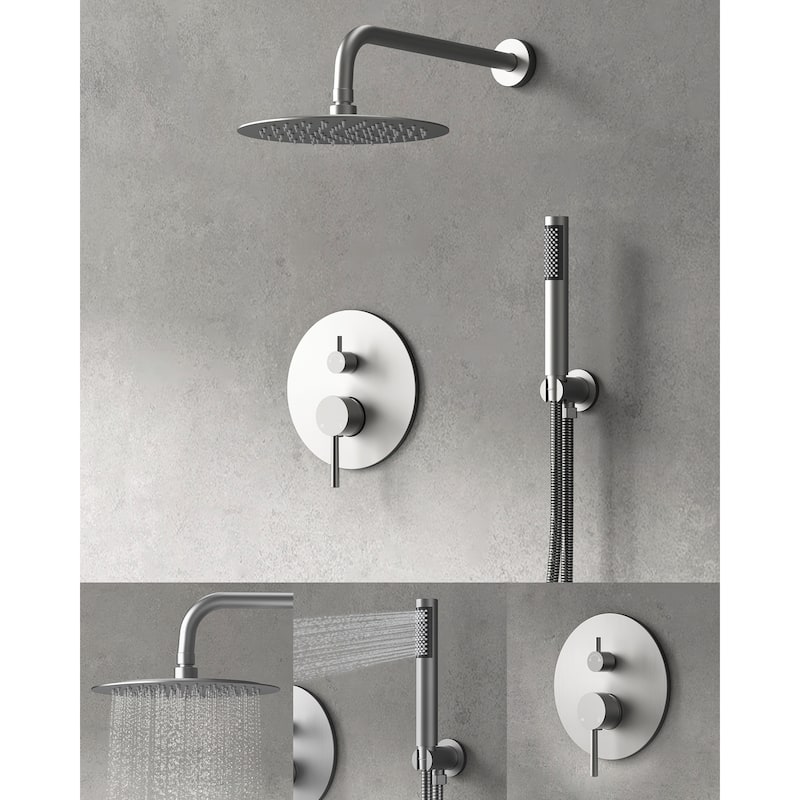 GRANDJOY Shower System 10 inch Wall Mount Rain Shower Head with Handheld Spray Combo Round