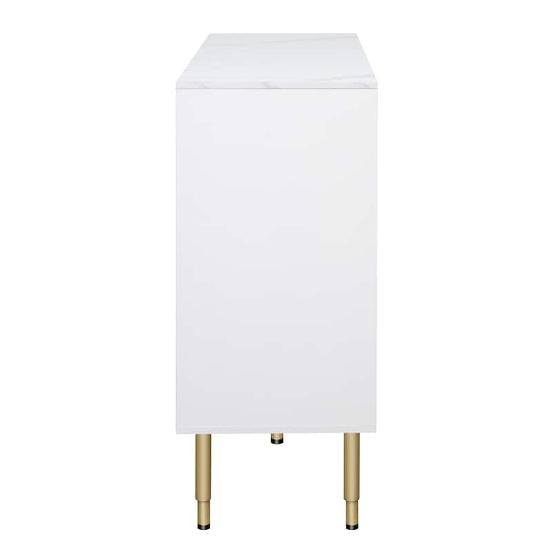 Modern Sideboard with Glass Doors, Marble Top & Gold Metal Legs, White