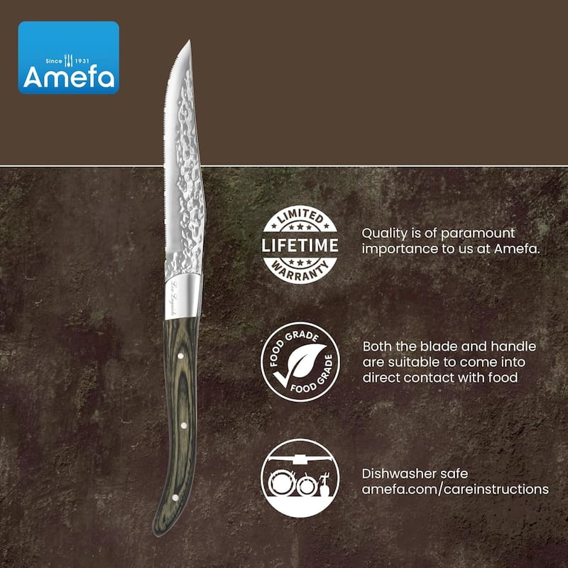 Amefa Set of 6 Lou Laguiole Vulcano Steak Knives - Silver and Pakka Wood