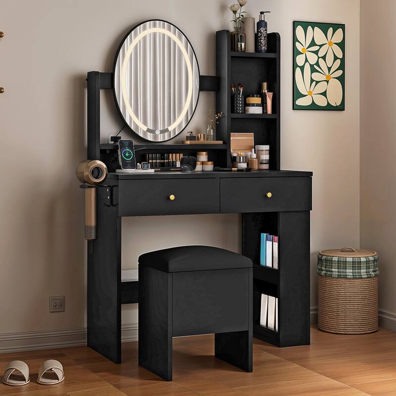 Moasis Makeup Vanity Set With Storage Ottoman and LED Lighted Mirror & Charge Station
