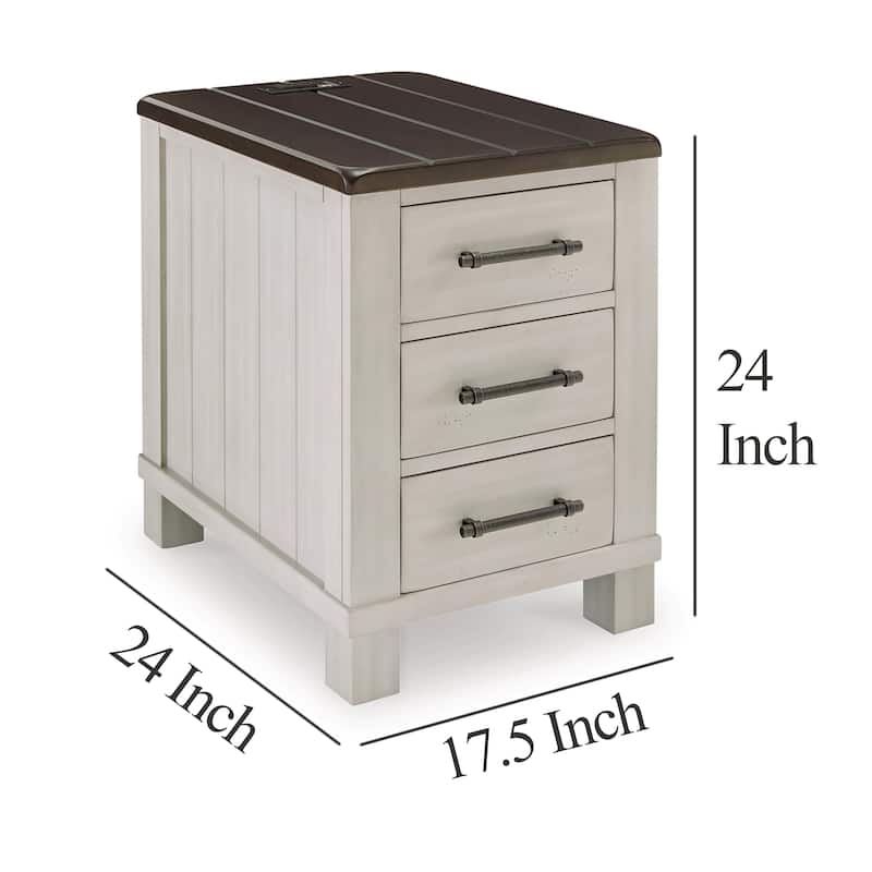 Barb Chairside End Table, 3 Drawers, 24 Inch Glazed Gray Acacia Wood