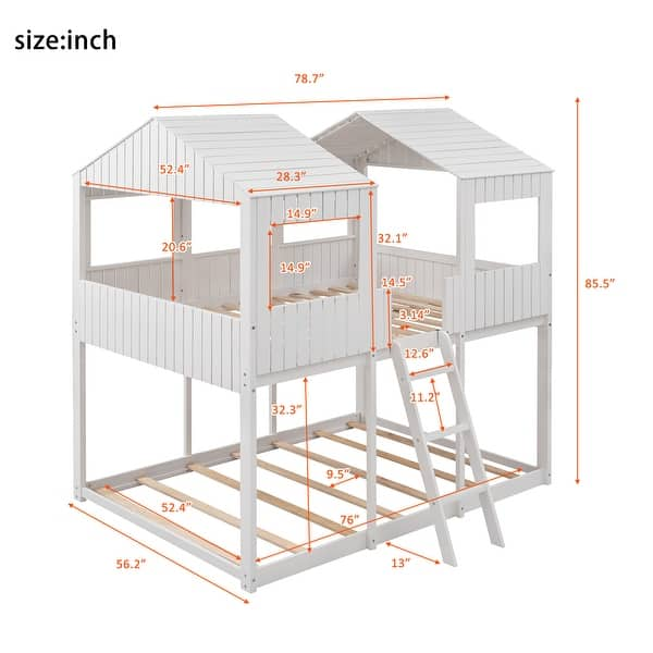 Full Over Full Wood House Bunk Bed with Roof, Window, Guardrail, Ladder ...