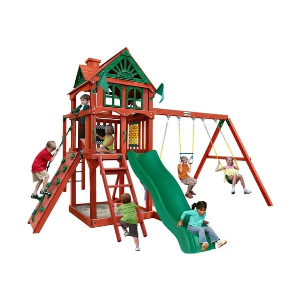slide 1 of 9, Gorilla Playsets Five Star II Wooden Swing Set with Monkey Bars - Redwood