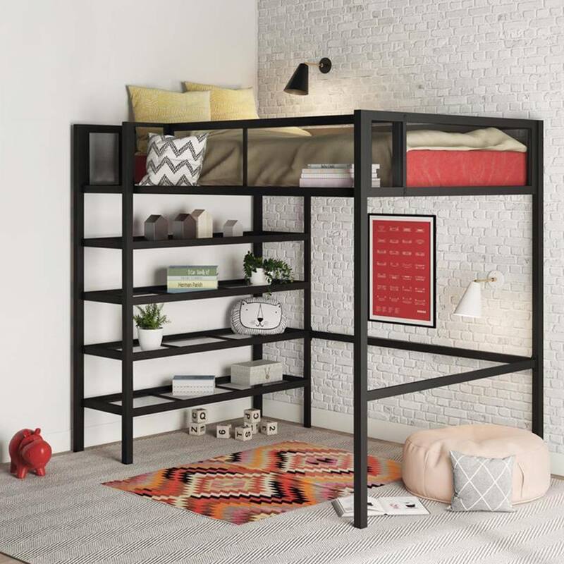 Storage Loft bed with Bookcase in Black Metal Bed Bath & Beyond