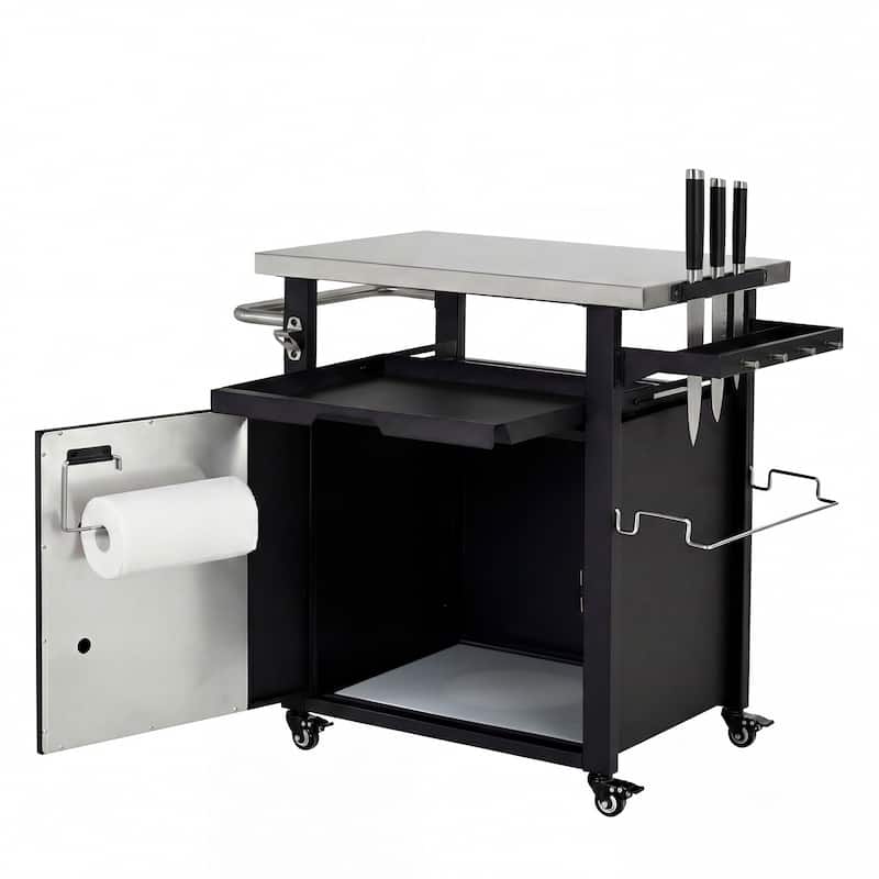 39.5" Outdoor Grill Cart & Pizza Oven Table with Stainless Steel Top, Storage Cabinet, and Waterproof Cover