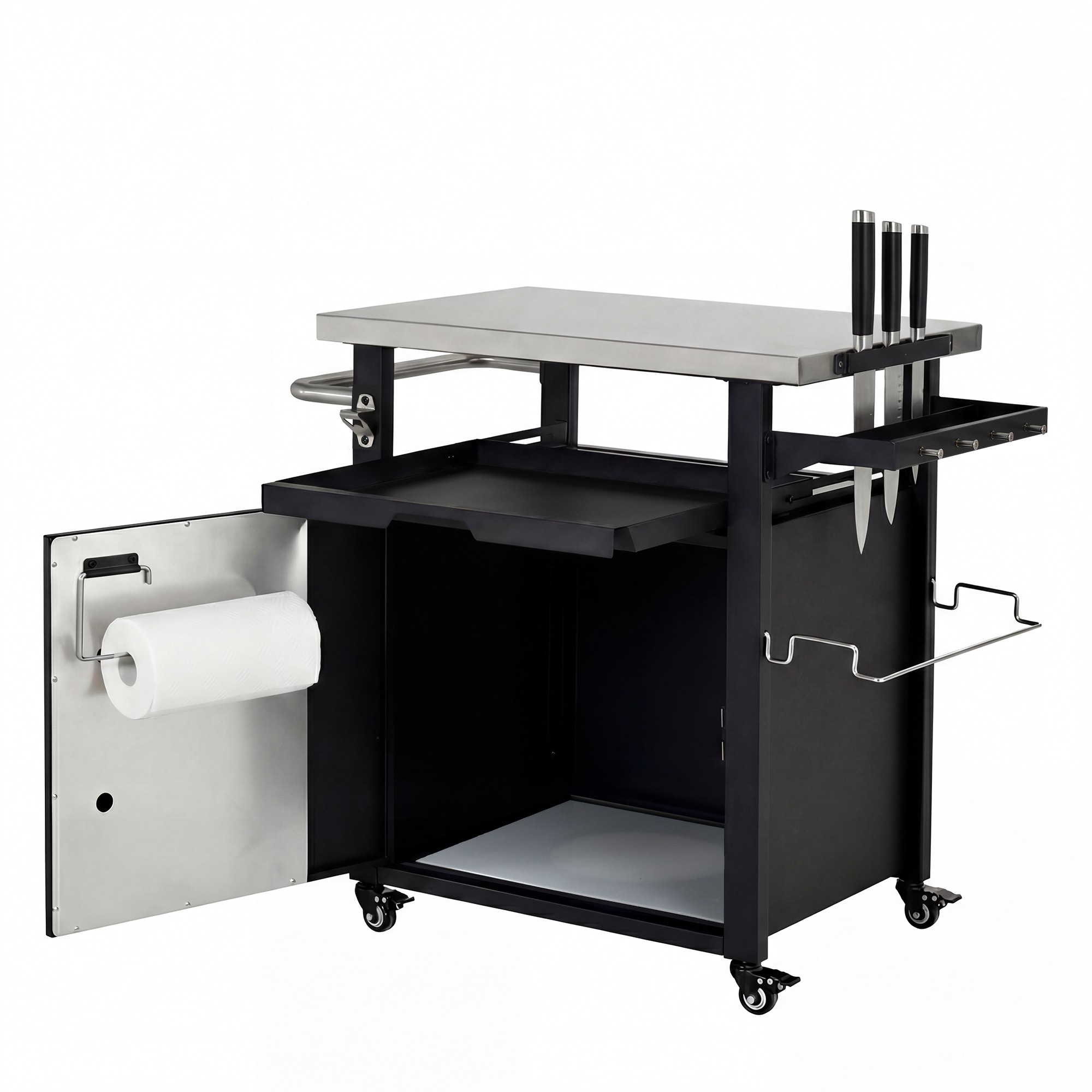39.5"Outdoor Grill Cart with Storage Cabinet,Bar Cart Pizza Oven Table with Wheels,Stainless Steel Top,with Spice & Paper Rack