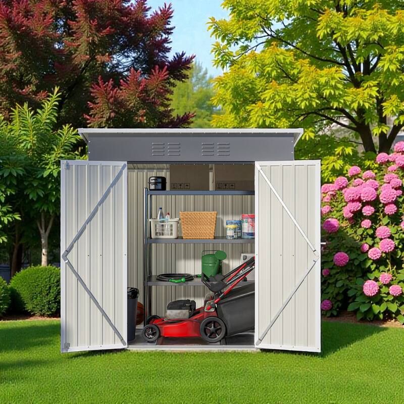 6'x4' Outdoor Steel Storage Shed with Lockable Door and Floor Frame, Garden Tool Shed Grey