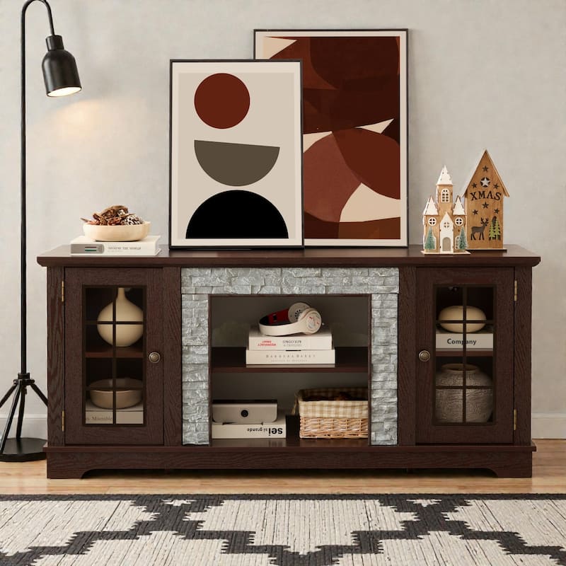 58" Modern TV Stand with Faux Stone Surround, Media Console Cabinet with 2 Doors and Shelves for TVs up to 75" - Cherry