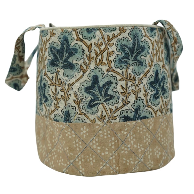 Fabdivine Handmade Floral Room Décor Nursery Storage Basket - Pushap Samita- Light Brown, Blue, Green - 10"X7"