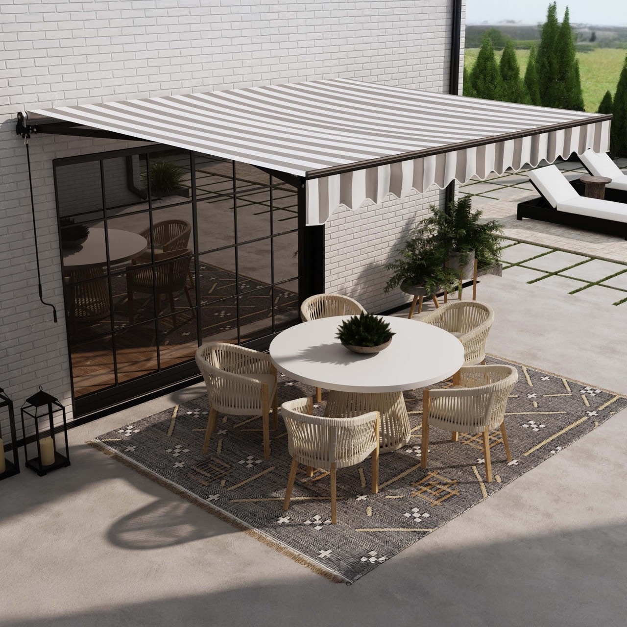 ALEKO Caribbean Motorized Retractable Patio Awning - Black Frame - Seagull Gray & White Striped - 13 x 10 Feet