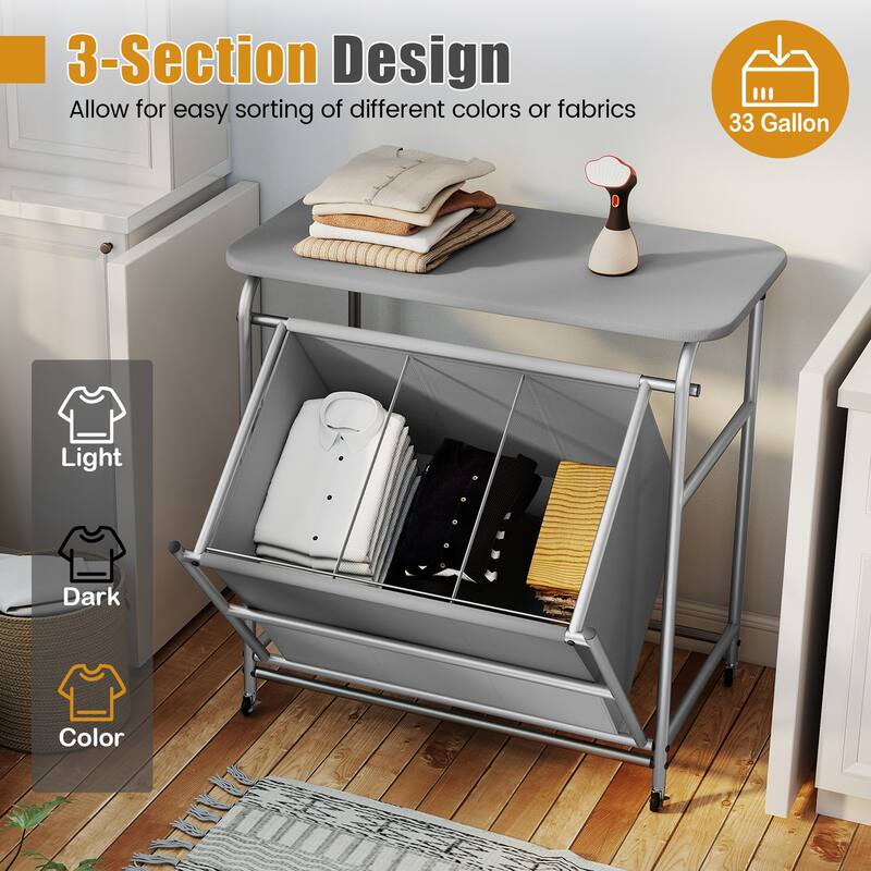 Gymax 3-Section Laundry Sorter w/ Foldable Ironing Board w/ 3