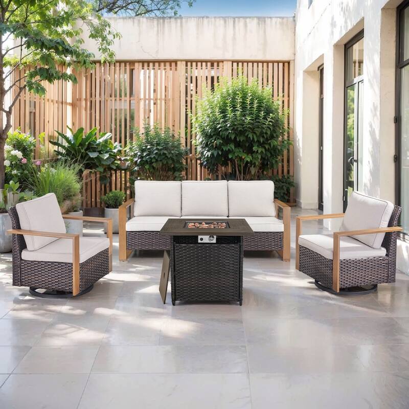 Pocassy Outdoor 30" Fire Pit Table with Sofa Swivel Chair Set - Brown Wicker Beige Cushion - 4-Piece Sofa Swivel Chair with Fire Table