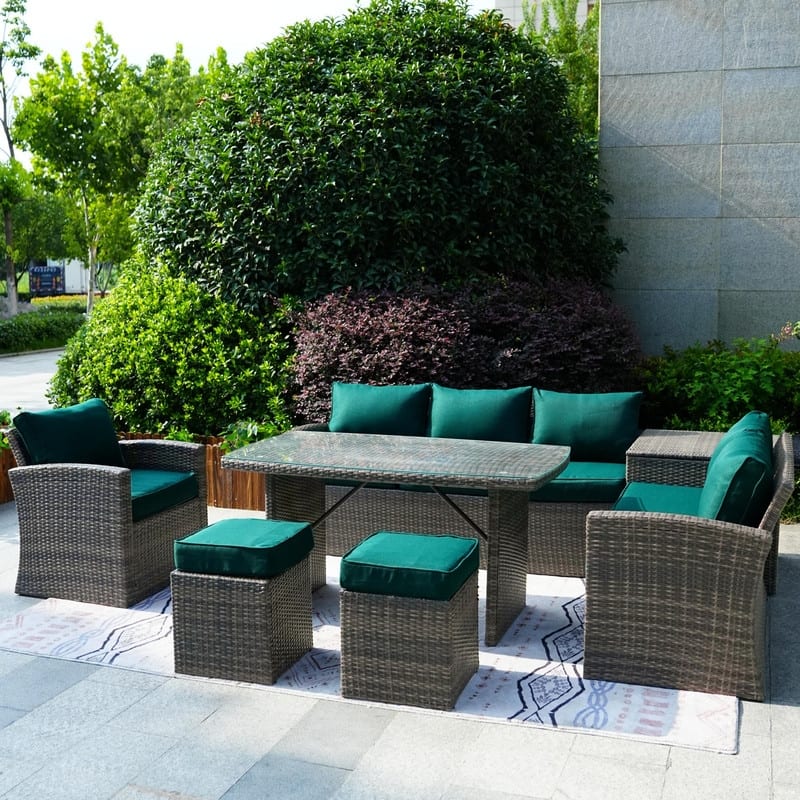 7-Piece Patio Gray Wicker Coversation Sofa Set - Green