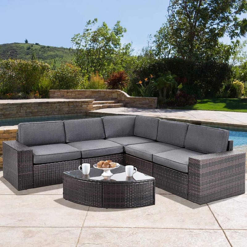 Suncrown Outdoor 6-piece Brown Rattan Sectional Sofa Set with Table