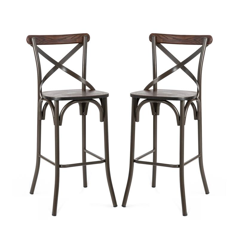 Glitzhome Industrial Metal Solid Elm Wood Seat Kitchen Bar Stool Chairs, Set of 2/4