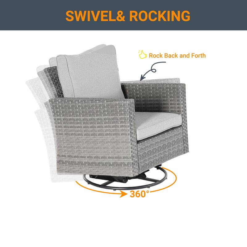 LIVOOSUN 3-Piece Patio Sofa Set Outdoor Rattan Swivel Rocking Chair Glass Table